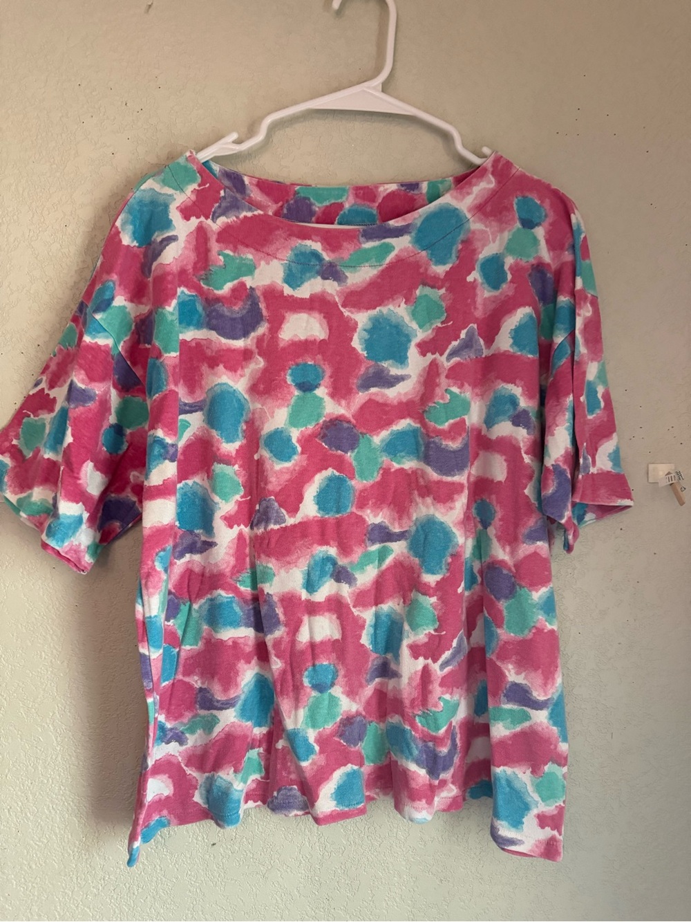 KICKS pink, blue, and teal abstract splatter print blouse